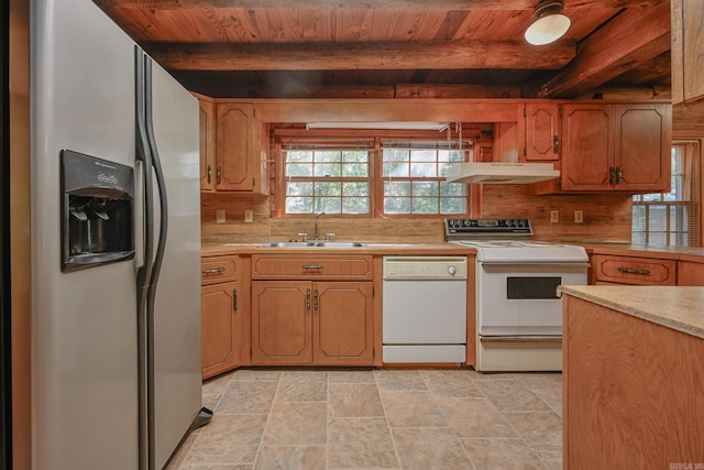 kitchen with stainless steel refrigerator with ice dispenser, stove, wood ceiling, sink, and dishwasher