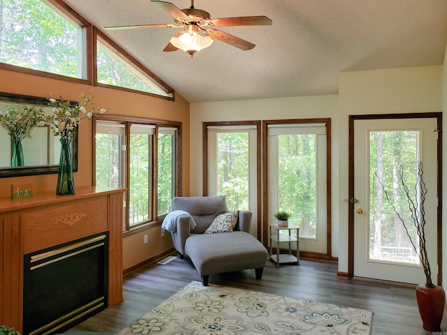 sitting room featuring a textured ceiling, dark hardwood / wood-style floors, vaulted ceiling, and ceiling fan