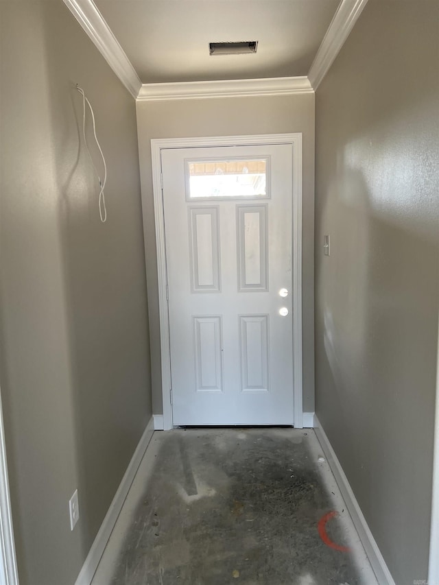 doorway featuring ornamental molding