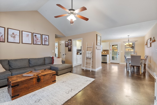 living room featuring ceiling fan with notable chandelier and vaulted ceiling