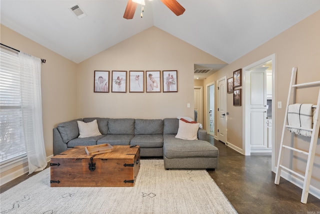 living room featuring ceiling fan and vaulted ceiling