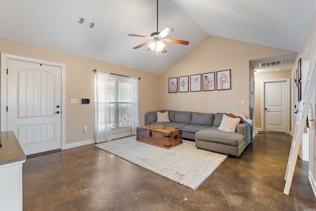 living room featuring vaulted ceiling and ceiling fan