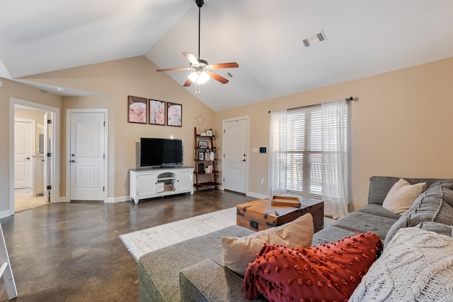 living room with vaulted ceiling and ceiling fan