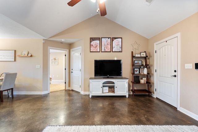 living room featuring ceiling fan and vaulted ceiling