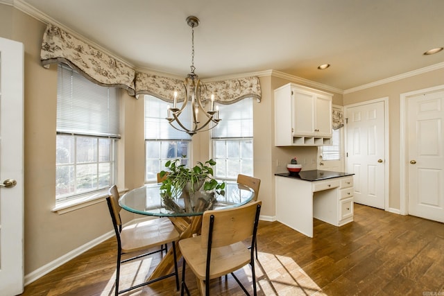 dining room with crown molding, dark wood-type flooring, and an inviting chandelier