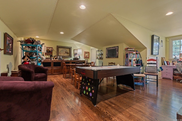 game room with dark hardwood / wood-style floors and lofted ceiling