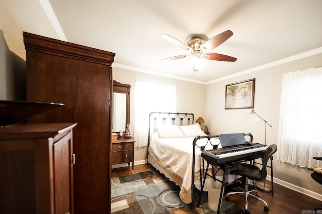 bedroom with dark hardwood / wood-style floors, ceiling fan, and ornamental molding