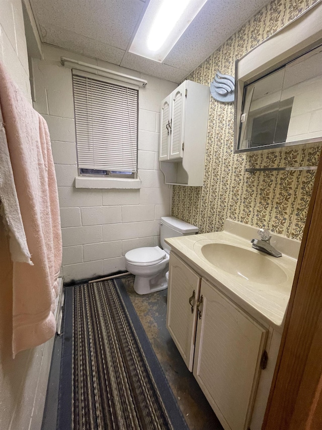 bathroom featuring vanity, toilet, and a drop ceiling