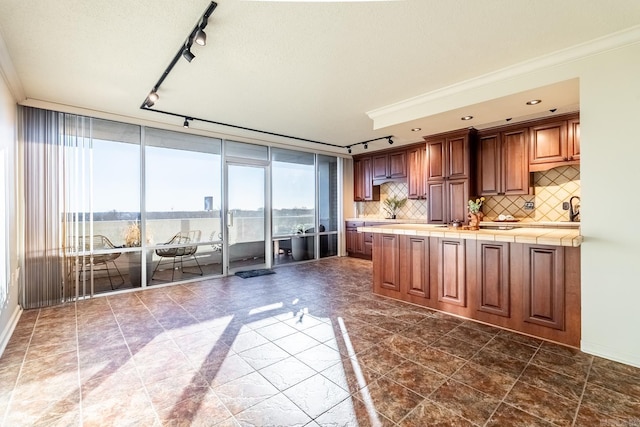 kitchen featuring tile countertops, tasteful backsplash, ornamental molding, and track lighting