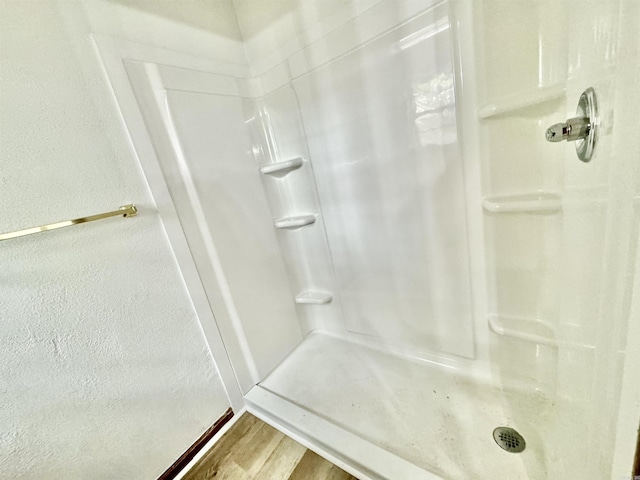 bathroom featuring wood-type flooring and walk in shower