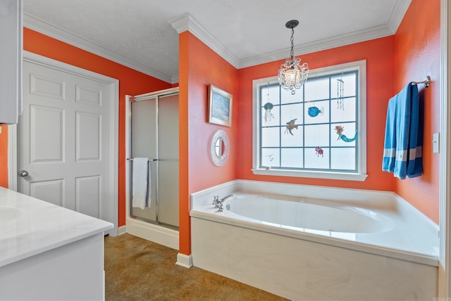 bathroom featuring shower with separate bathtub, vanity, and ornamental molding