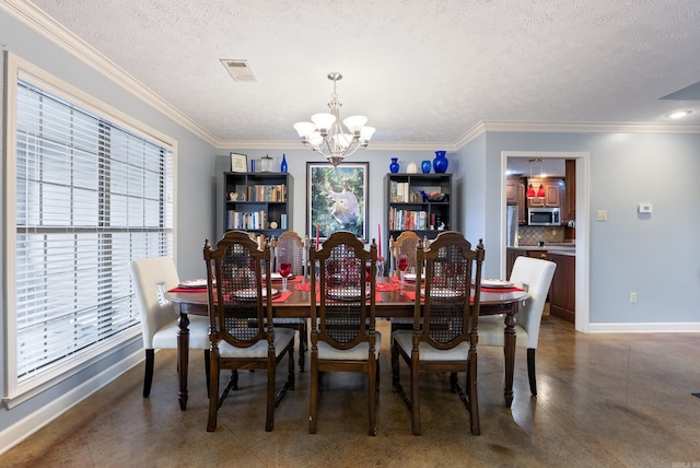 dining space with a notable chandelier, crown molding, and a textured ceiling