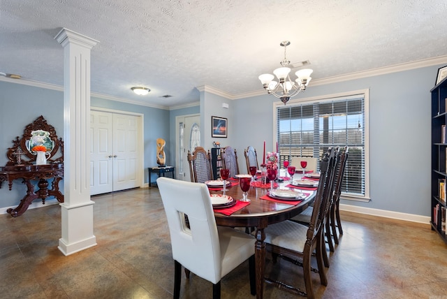 dining space featuring a textured ceiling, an inviting chandelier, crown molding, and ornate columns