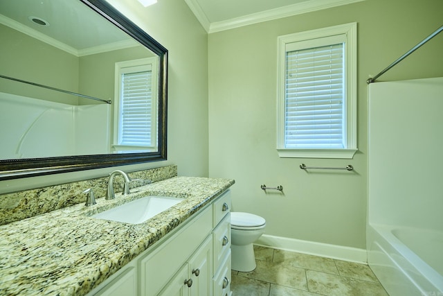 full bathroom with shower / bathing tub combination, vanity, toilet, and crown molding