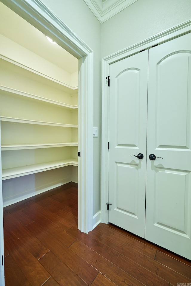 interior space with dark hardwood / wood-style floors and ornamental molding