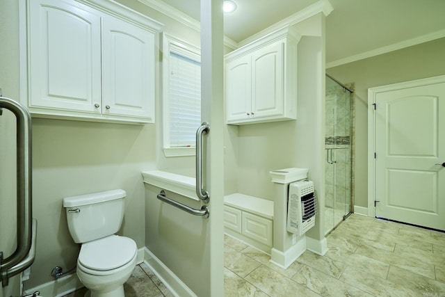 bathroom with toilet, crown molding, walk in shower, and heating unit