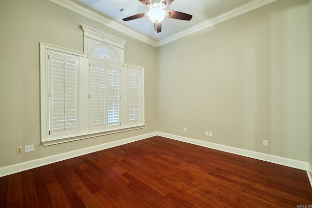 unfurnished room with ceiling fan, ornamental molding, and hardwood / wood-style flooring