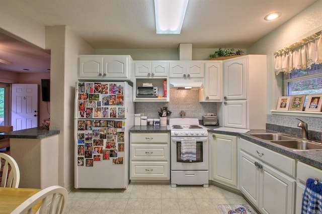 kitchen with white cabinetry, sink, tasteful backsplash, ventilation hood, and white appliances