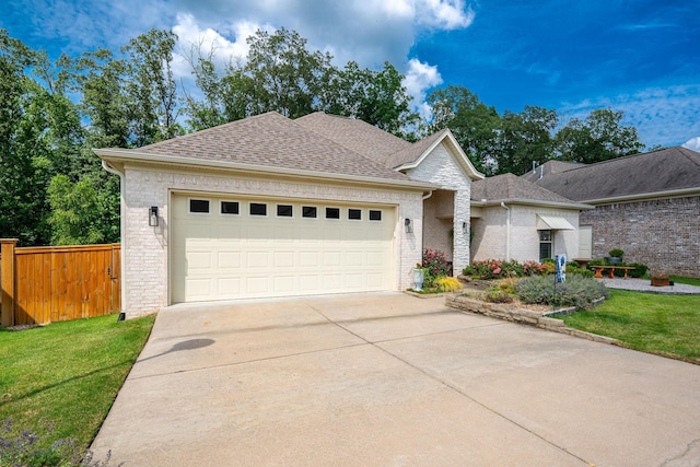 view of front of property with a garage and a front lawn