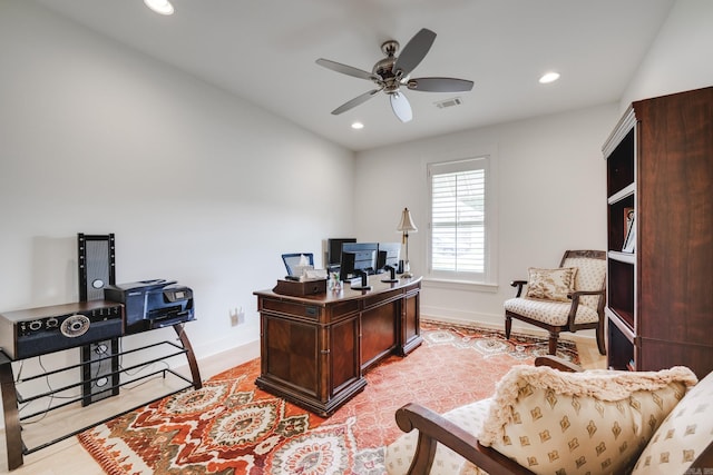 office area with ceiling fan