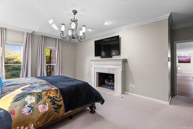 bedroom featuring light carpet, a notable chandelier, and ornamental molding