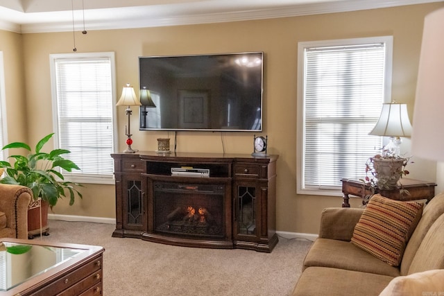 carpeted living room with plenty of natural light and ornamental molding