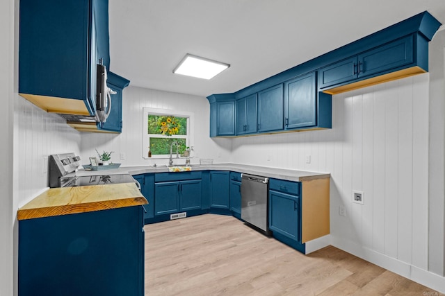 kitchen with butcher block counters, sink, stainless steel appliances, light hardwood / wood-style flooring, and blue cabinets