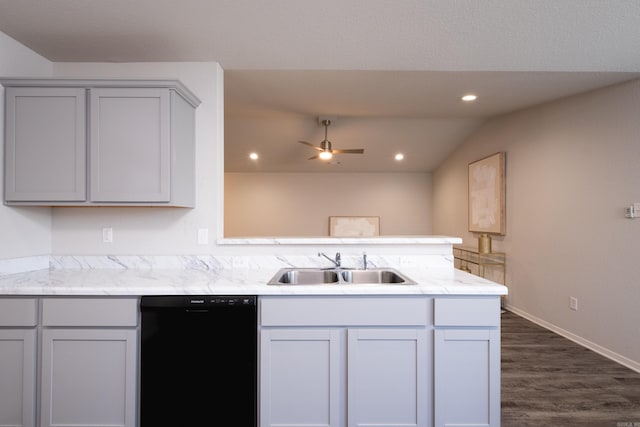 kitchen with ceiling fan, sink, light stone countertops, black dishwasher, and kitchen peninsula