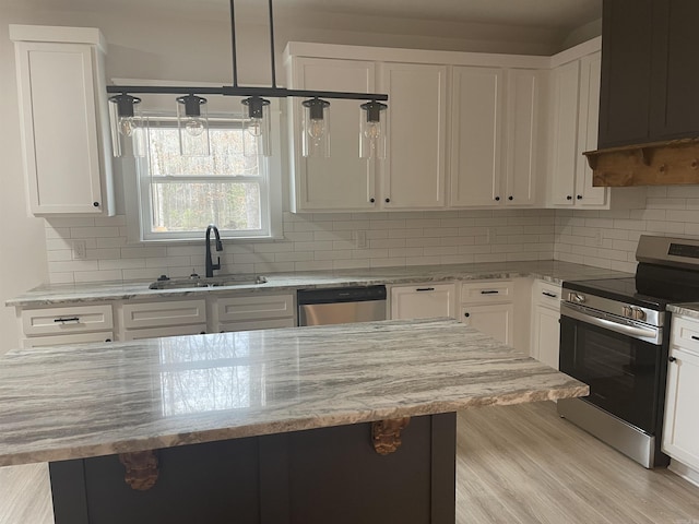 kitchen featuring backsplash, white cabinetry, sink, and appliances with stainless steel finishes