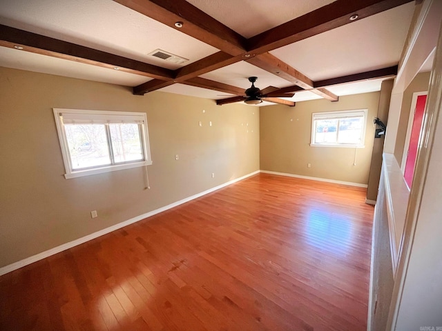 spare room with beamed ceiling, light wood-type flooring, ceiling fan, and coffered ceiling