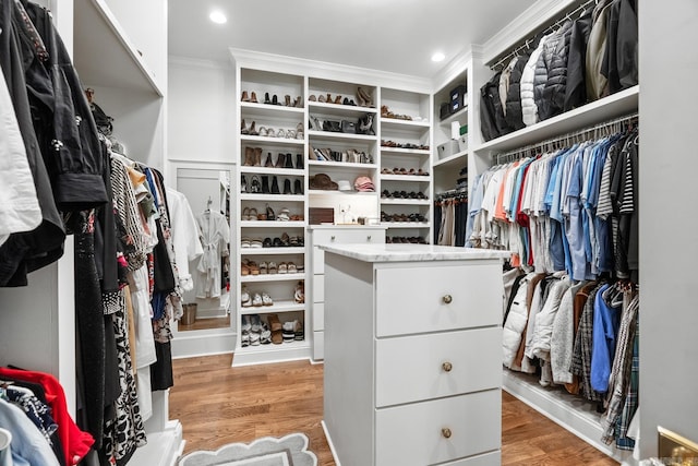 walk in closet with hardwood / wood-style floors