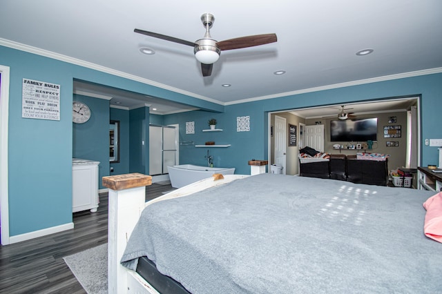 bedroom with ceiling fan, dark hardwood / wood-style flooring, and crown molding