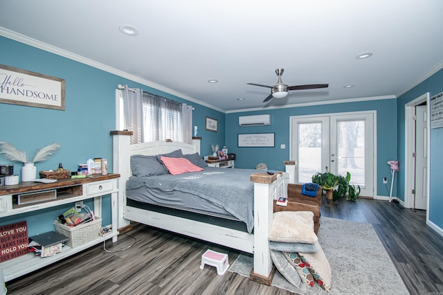 bedroom with access to exterior, french doors, a wall mounted air conditioner, ornamental molding, and ceiling fan