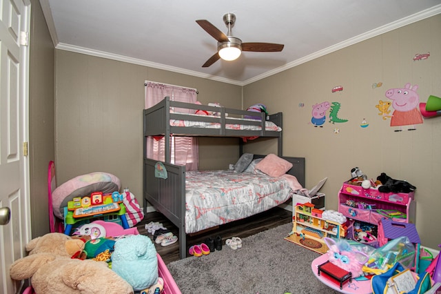 bedroom with ceiling fan and crown molding