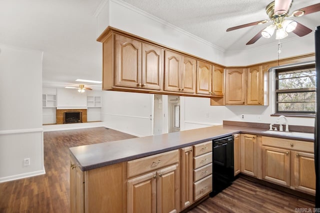 kitchen featuring sink, black dishwasher, kitchen peninsula, a textured ceiling, and ornamental molding