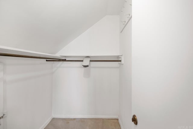 spacious closet with light carpet and lofted ceiling