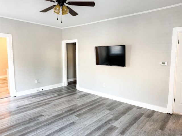 unfurnished living room with crown molding, wood-type flooring, and ceiling fan