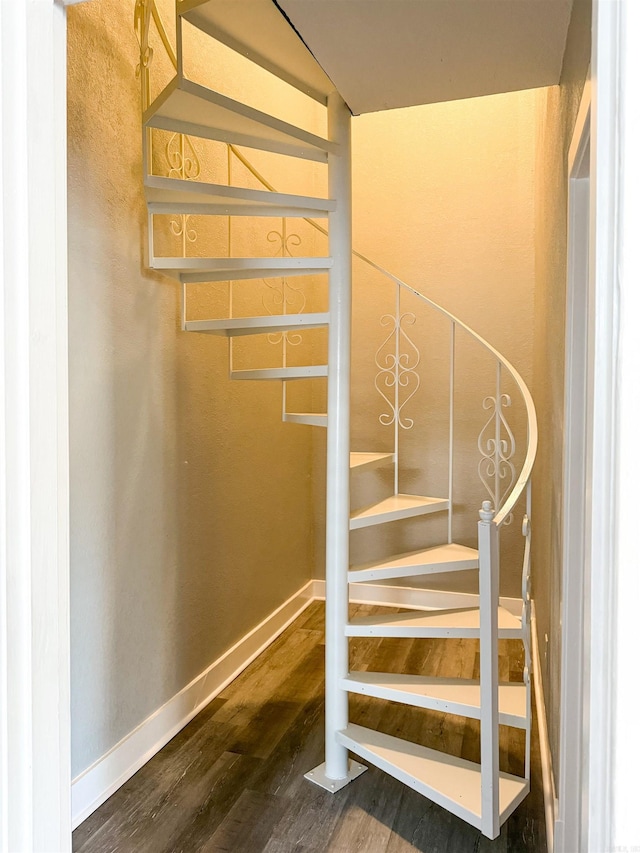 stairs featuring hardwood / wood-style floors