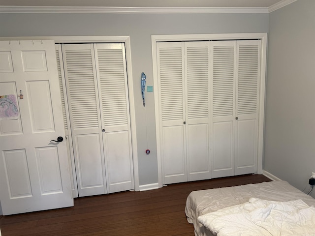 bedroom with two closets, dark hardwood / wood-style floors, and ornamental molding