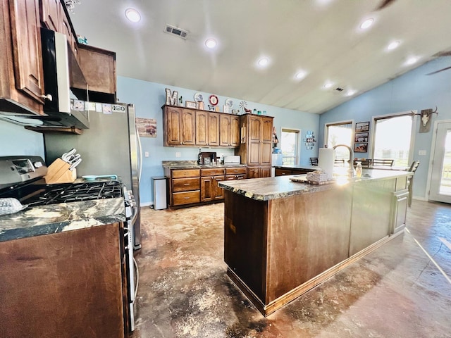 kitchen with stainless steel appliances, a wealth of natural light, lofted ceiling, and a kitchen island with sink