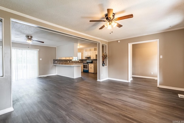 unfurnished living room with a textured ceiling, dark wood-type flooring, and crown molding