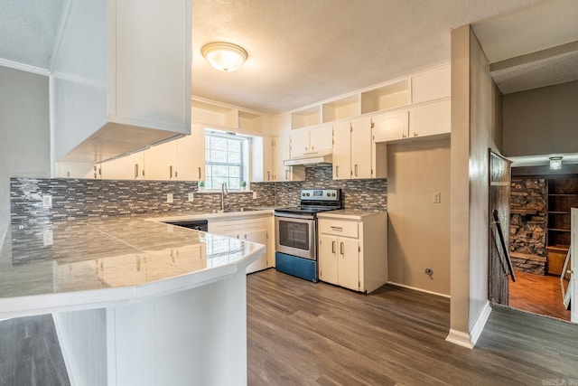 kitchen with ornamental molding, sink, electric range, white cabinets, and dark hardwood / wood-style floors