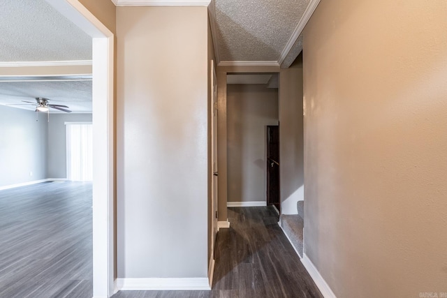 hall featuring crown molding, dark hardwood / wood-style floors, and a textured ceiling