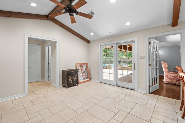 interior space with french doors, lofted ceiling with beams, and ceiling fan