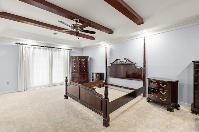 bedroom featuring light carpet, crown molding, and ceiling fan