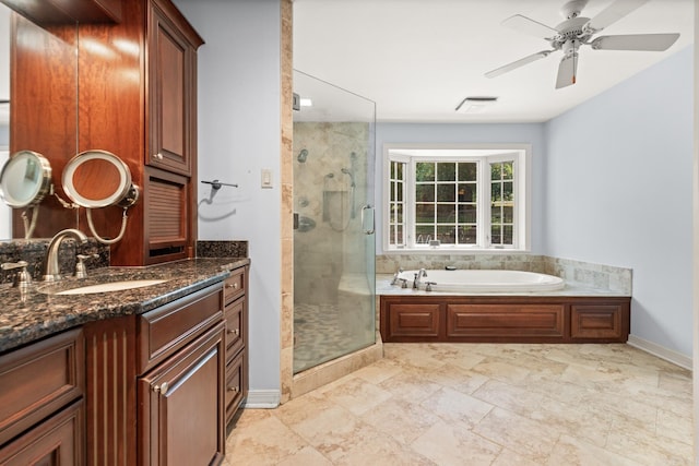 bathroom with vanity, ceiling fan, and shower with separate bathtub