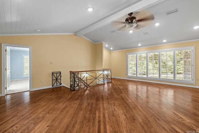 living room featuring hardwood / wood-style floors, lofted ceiling with beams, ceiling fan, and crown molding