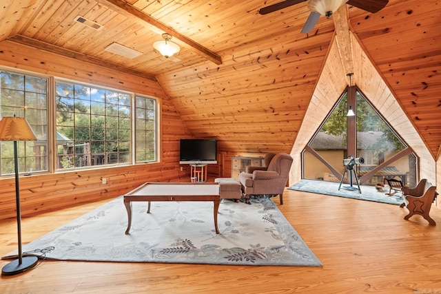 living room with ceiling fan, lofted ceiling with beams, wood walls, wood-type flooring, and wood ceiling