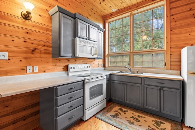 kitchen featuring wood walls, white appliances, sink, gray cabinets, and wood ceiling