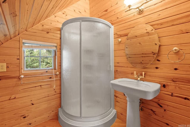 bathroom featuring wood walls and wooden ceiling